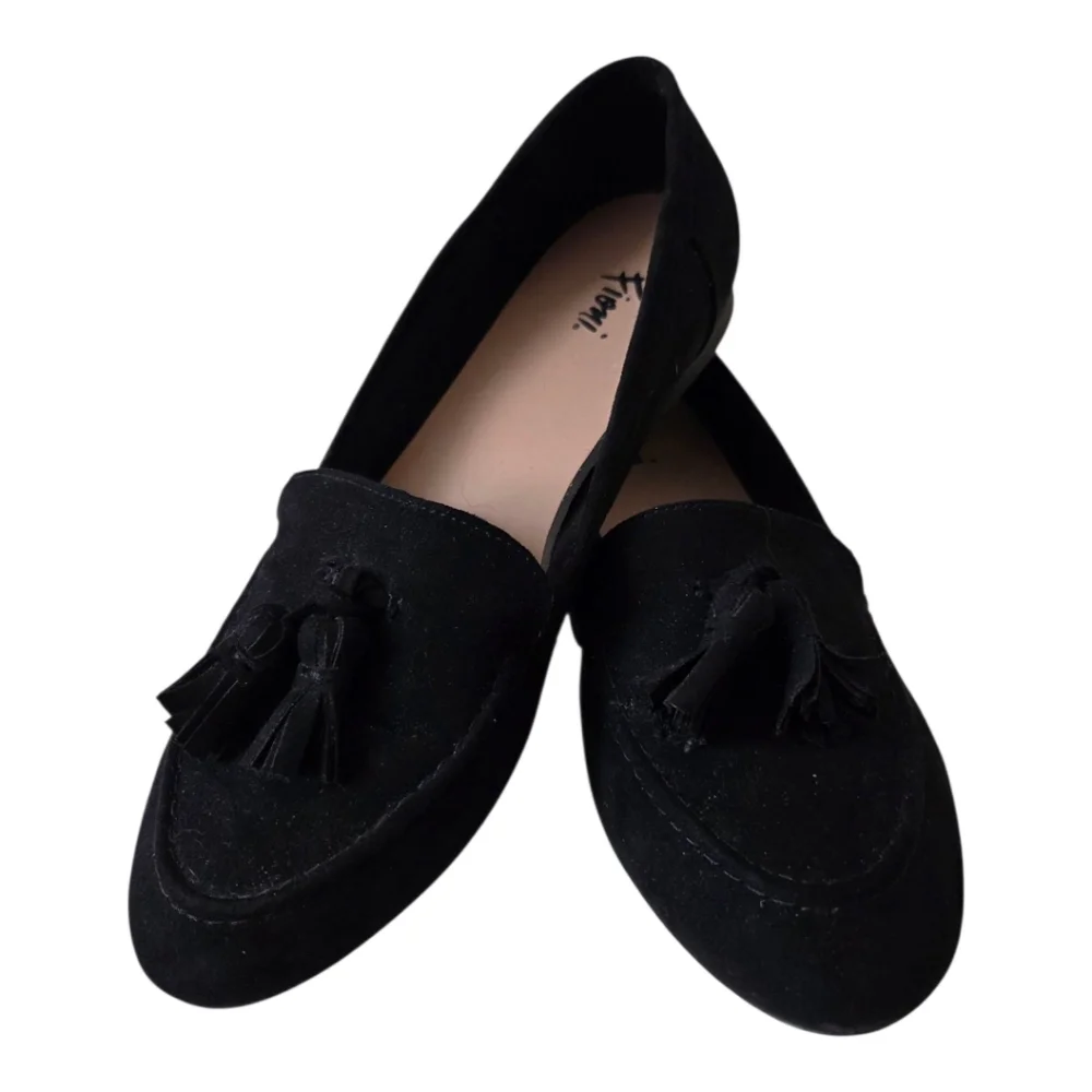 Fioni Ballet Flats Black Suede Leather Slip On Comfort Tassels Womens Size 6.5 - Picture 1 of 15